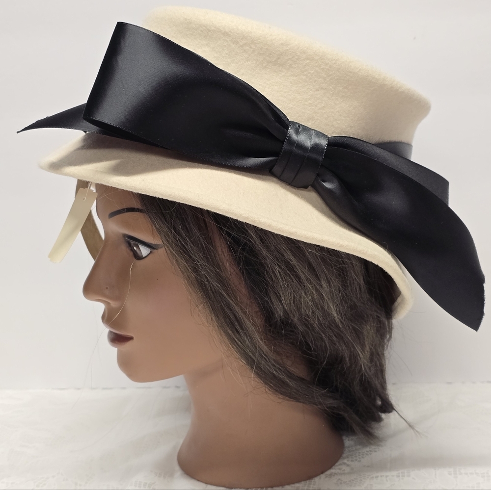 Joe Bill Miller Michael Howard Cream Wool VTG Cloche Bucket Hat Black Bow NWT